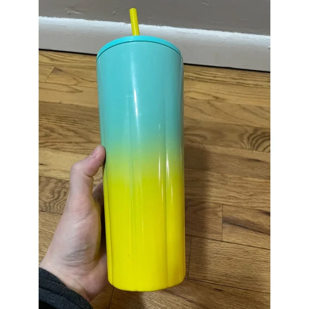 Starbucks 2021 Summer Flounder Teal Yellow Ombre Scalloped Tumbler 24oz Cold Cup